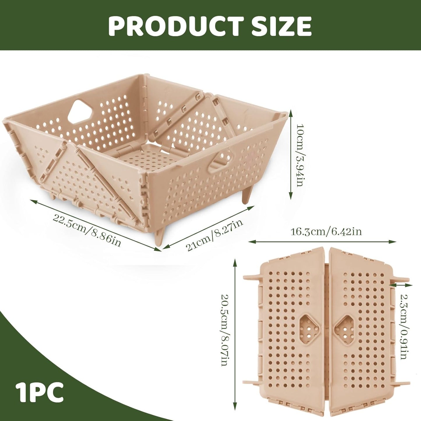 Collapsible Square Colander Basket – 8.8 Inch Foldable Kitchen Strainer for Fruits, Vegetables, Pasta & Storage