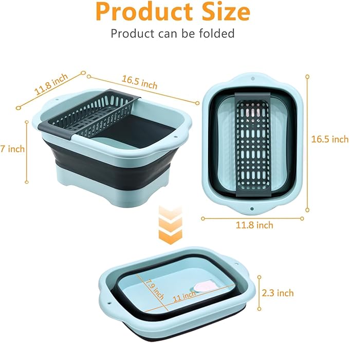 Collapsible Colander Basket – Large Rectangular Over-Sink Strainer with Drain Plug, Foldable Wash Basin for Fruits, Vegetables, Pasta