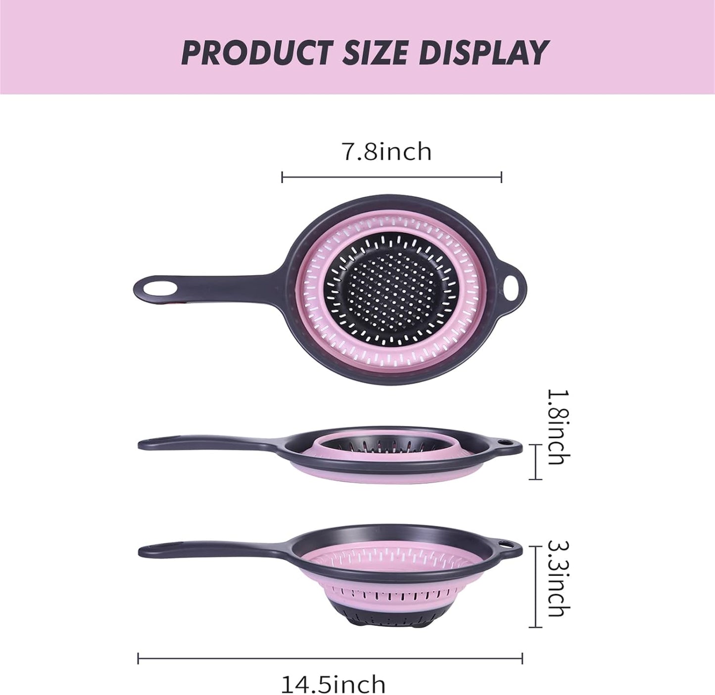 Collapsible Silicone Colander with Long Handle – 7.8 Inch Foldable Kitchen Strainer Basket for Fruits, Vegetables, Pasta & More