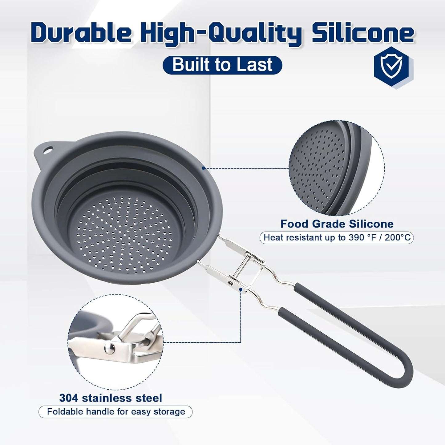 Collapsible Silicone Colander with Folding Handle – 9.6 Inch Foldable Kitchen Strainer Basket for Fruits, Vegetables, Pasta & More