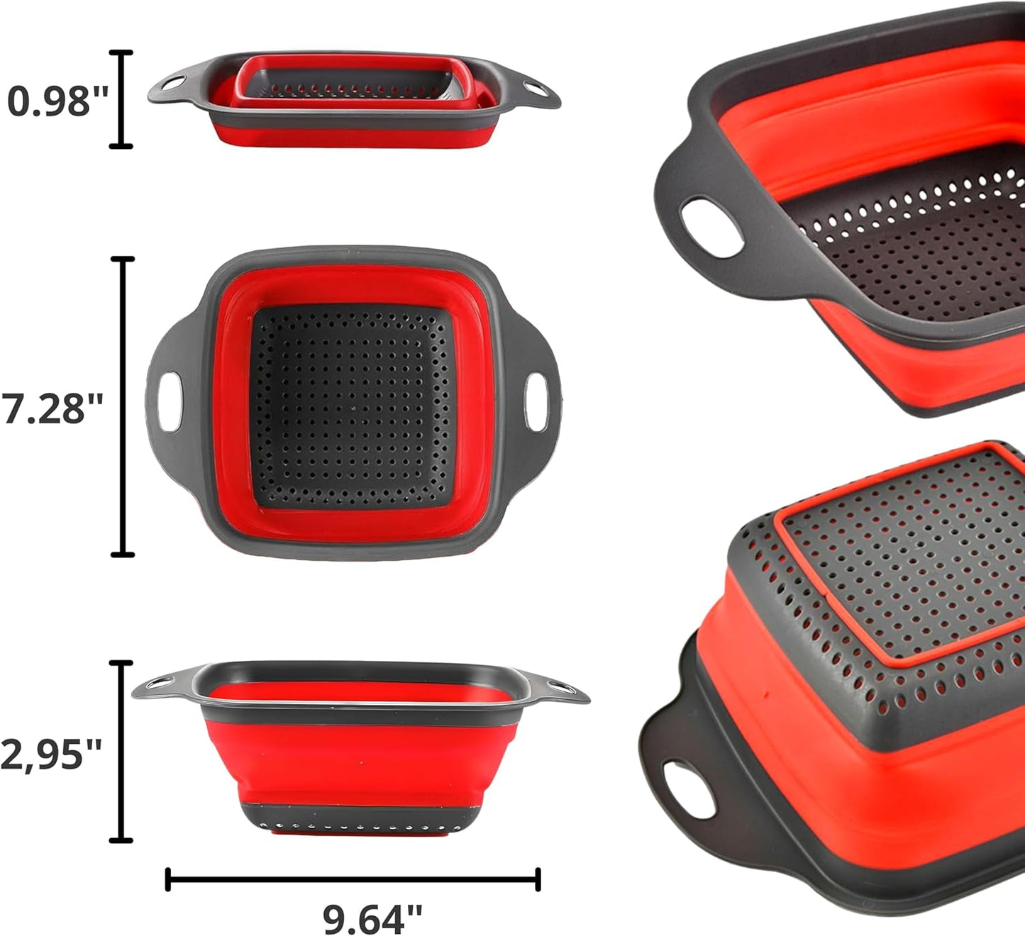 Collapsible Square Silicone Colander β 9.6 Inch Foldable Kitchen Strainer Basket for Fruits, Vegetables, Pasta & More