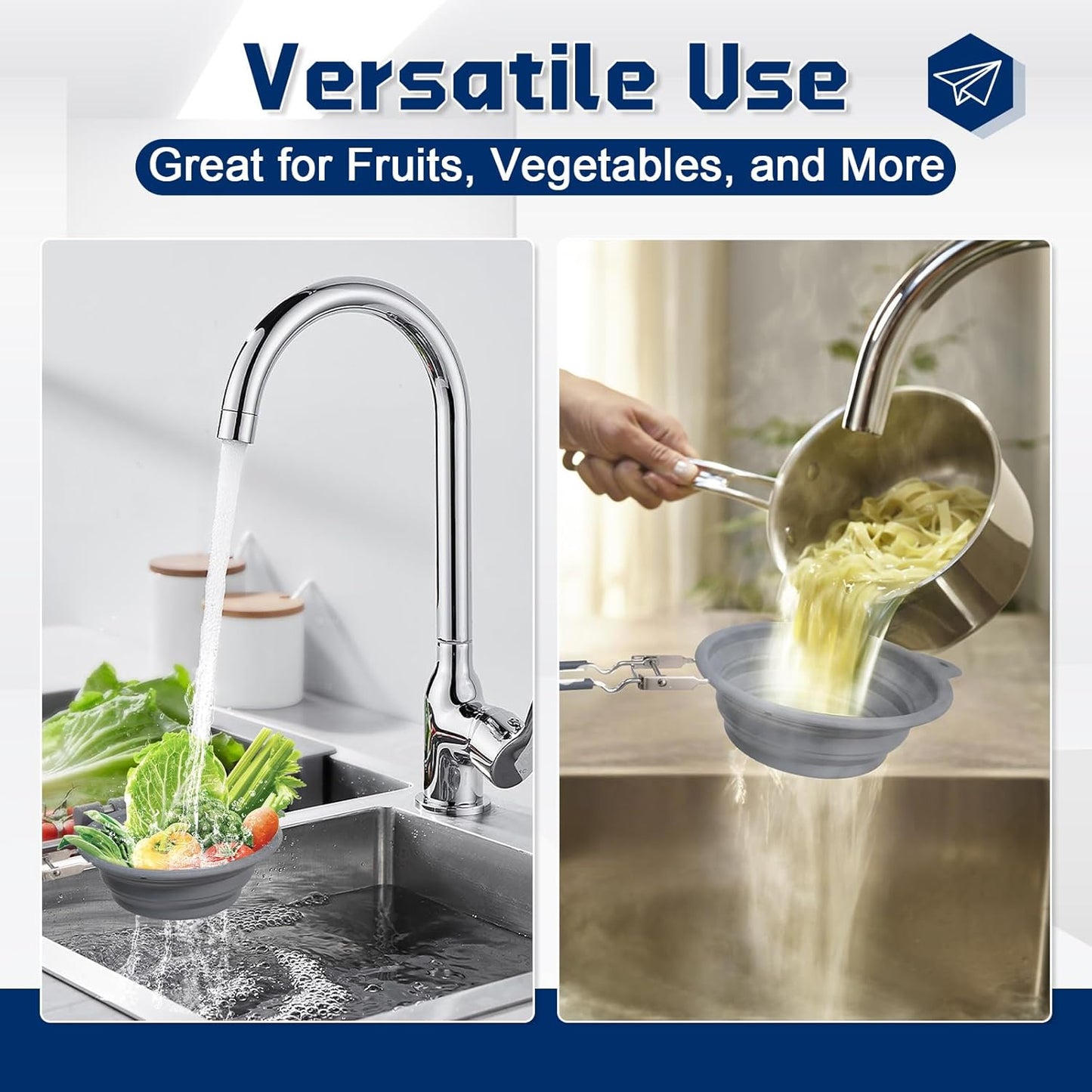 Collapsible Silicone Colander with Folding Handle – 9.6 Inch Foldable Kitchen Strainer Basket for Fruits, Vegetables, Pasta & More