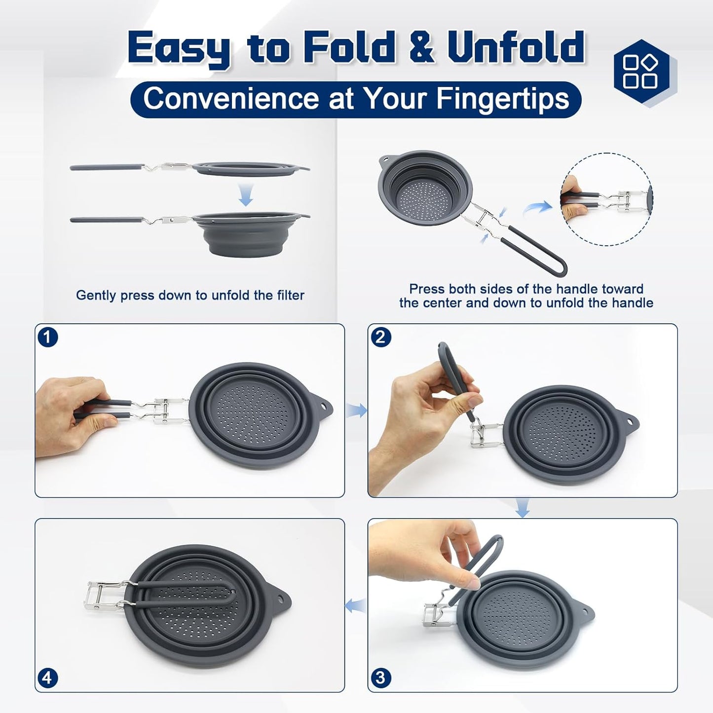 Collapsible Silicone Colander with Folding Handle – 9.6 Inch Foldable Kitchen Strainer Basket for Fruits, Vegetables, Pasta & More