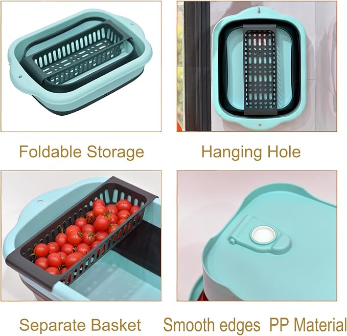 Collapsible Colander Basket – Large Rectangular Over-Sink Strainer with Drain Plug, Foldable Wash Basin for Fruits, Vegetables, Pasta