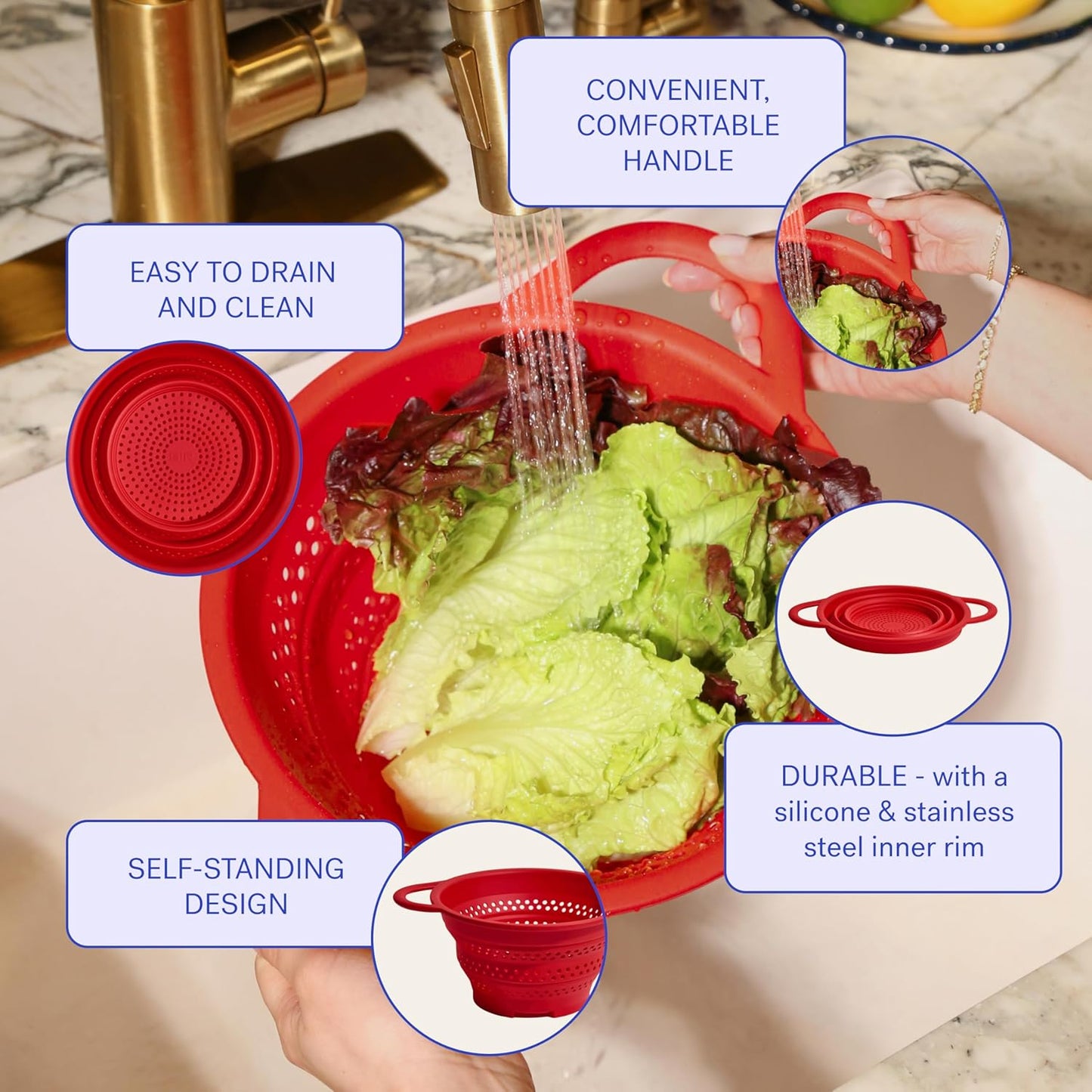 Collapsible Silicone Colander with Dual Handles – 13.2 Inch Foldable Kitchen Strainer for Fruits, Vegetables, Pasta & More, Heat-Resistant