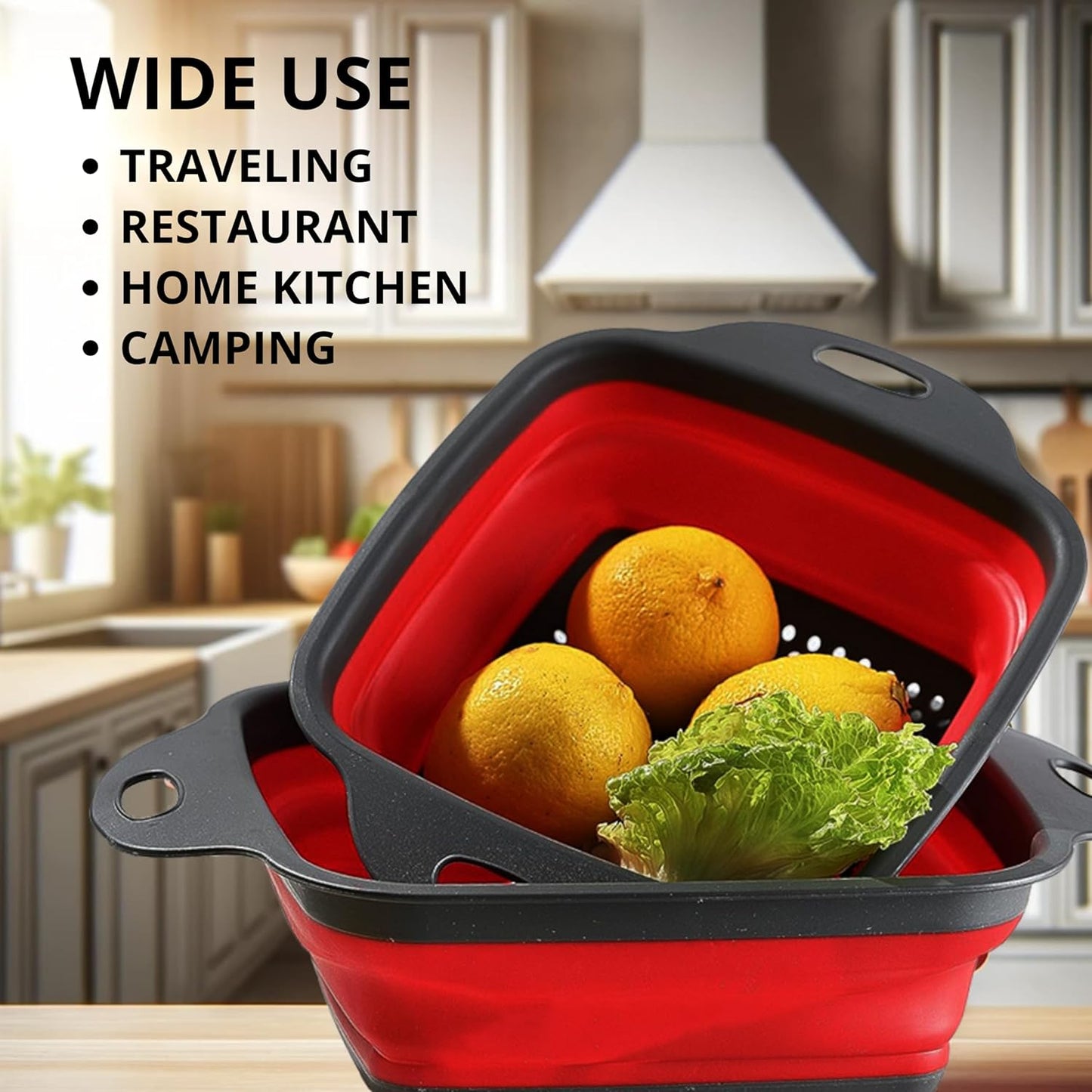 Collapsible Square Silicone Colander β 9.6 Inch Foldable Kitchen Strainer Basket for Fruits, Vegetables, Pasta & More