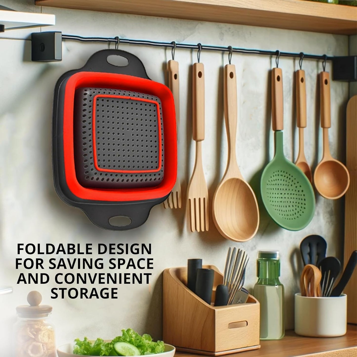 Collapsible Square Silicone Colander β 9.6 Inch Foldable Kitchen Strainer Basket for Fruits, Vegetables, Pasta & More
