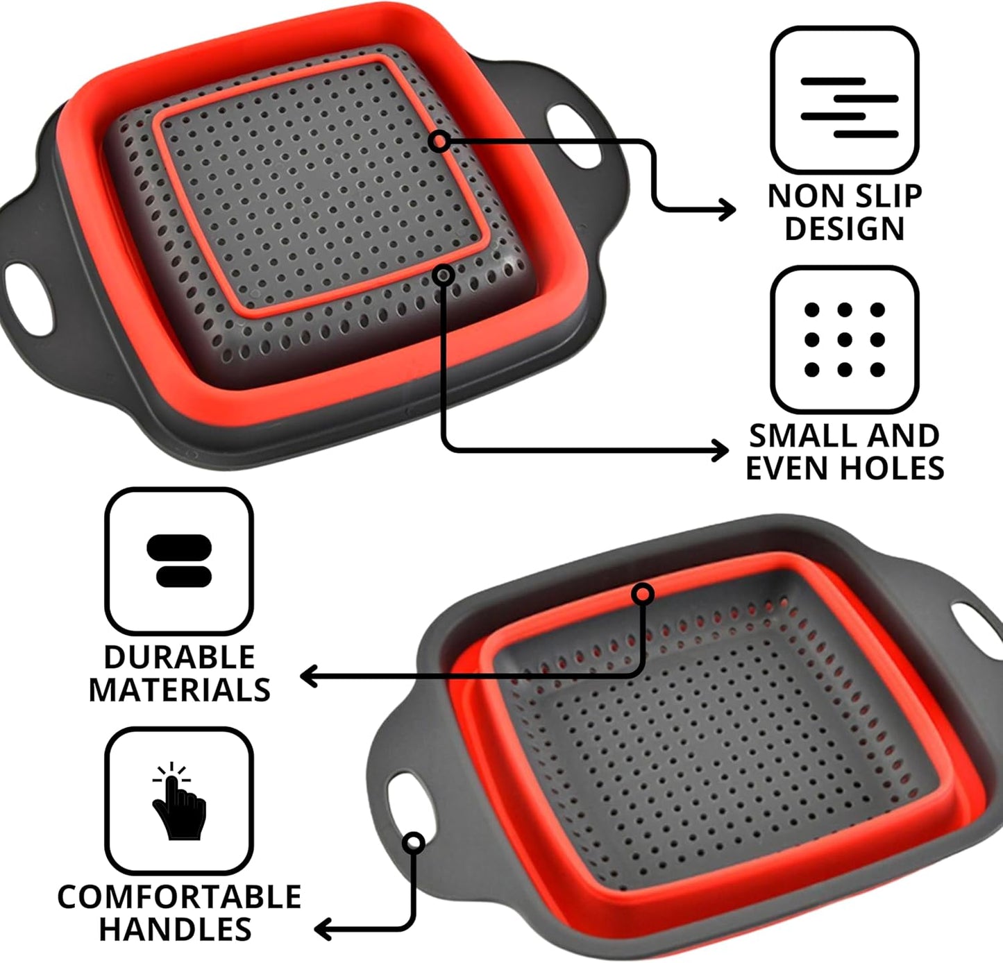 Collapsible Square Silicone Colander β 9.6 Inch Foldable Kitchen Strainer Basket for Fruits, Vegetables, Pasta & More