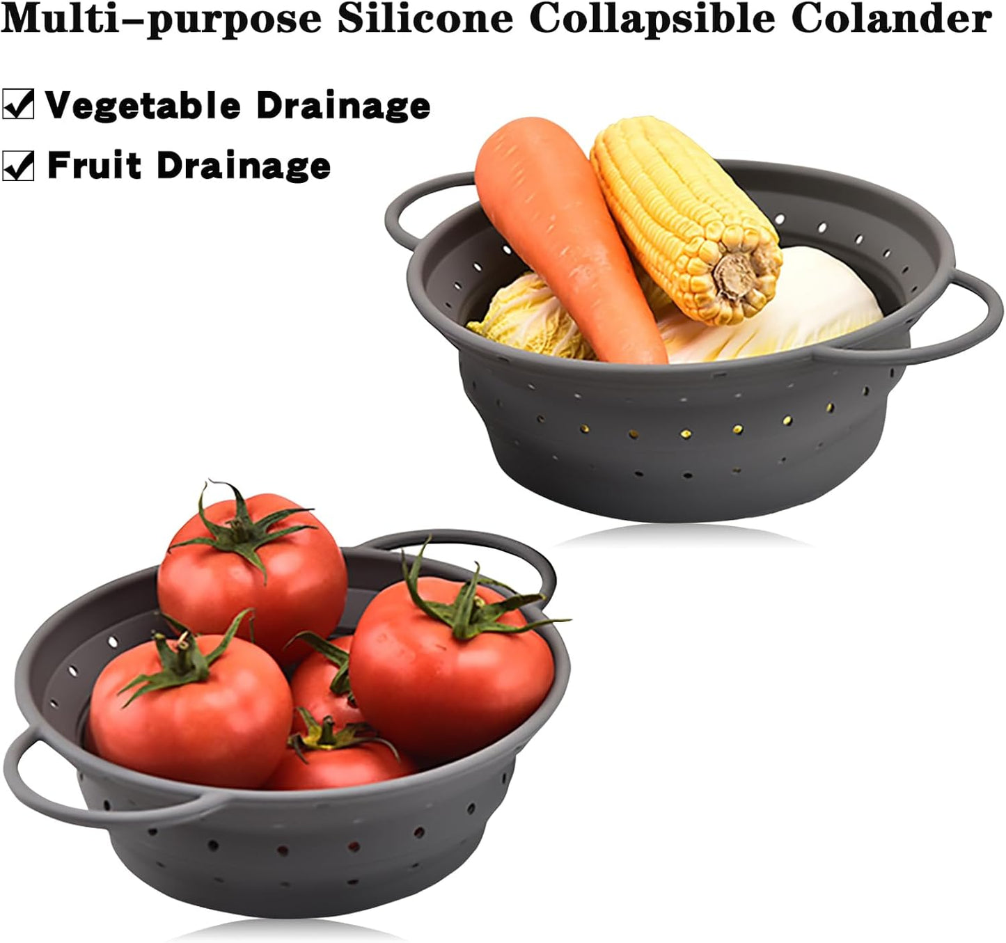 Medium Collapsible Silicone Colander with Dual Handles – 11 Inch Foldable Kitchen Strainer Basket, 1.9 Quart Capacity