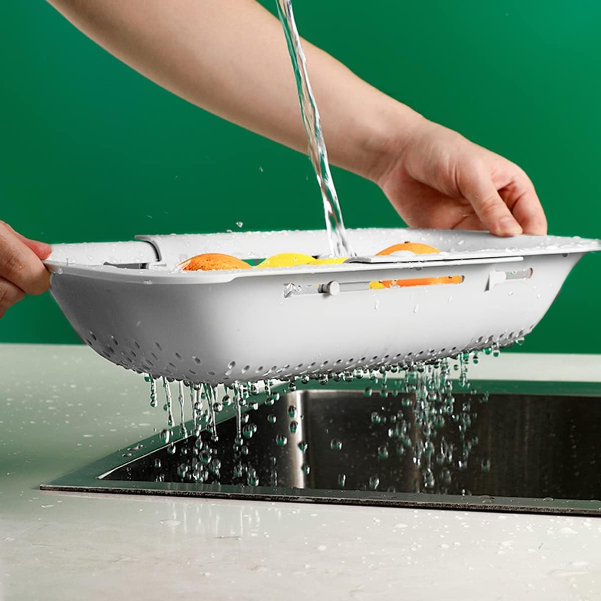 Telescopic Collapsible Colander – Adjustable Rectangular Sink Strainer Basket for Fruits, Vegetables, Dishes & More, 19.4 Inch