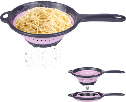Collapsible Silicone Colander with Long Handle – 7.8 Inch Foldable Kitchen Strainer Basket for Fruits, Vegetables, Pasta & More