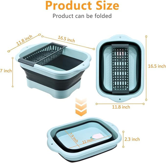 Collapsible Colander Basket – Large Rectangular Over-Sink Strainer with Drain Plug, Foldable Wash Basin for Fruits, Vegetables, Pasta