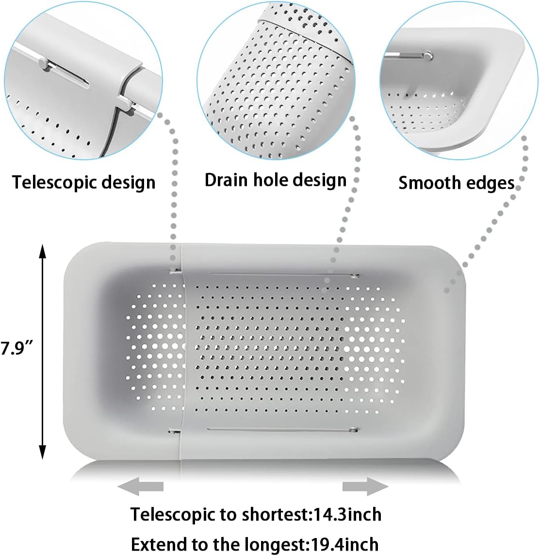 Telescopic Collapsible Colander – Adjustable Rectangular Sink Strainer Basket for Fruits, Vegetables, Dishes & More, 19.4 Inch
