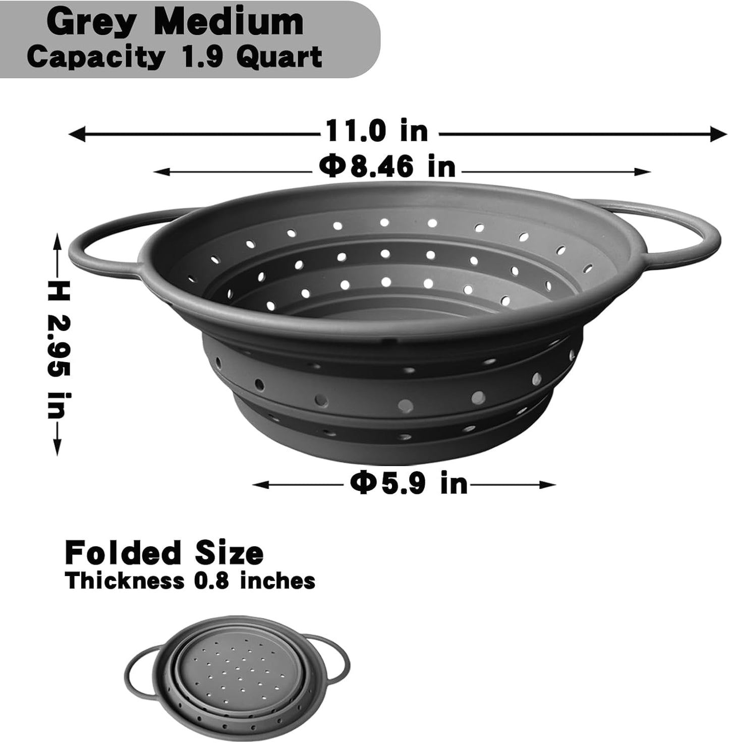 Medium Collapsible Silicone Colander with Dual Handles – 11 Inch Foldable Kitchen Strainer Basket, 1.9 Quart Capacity