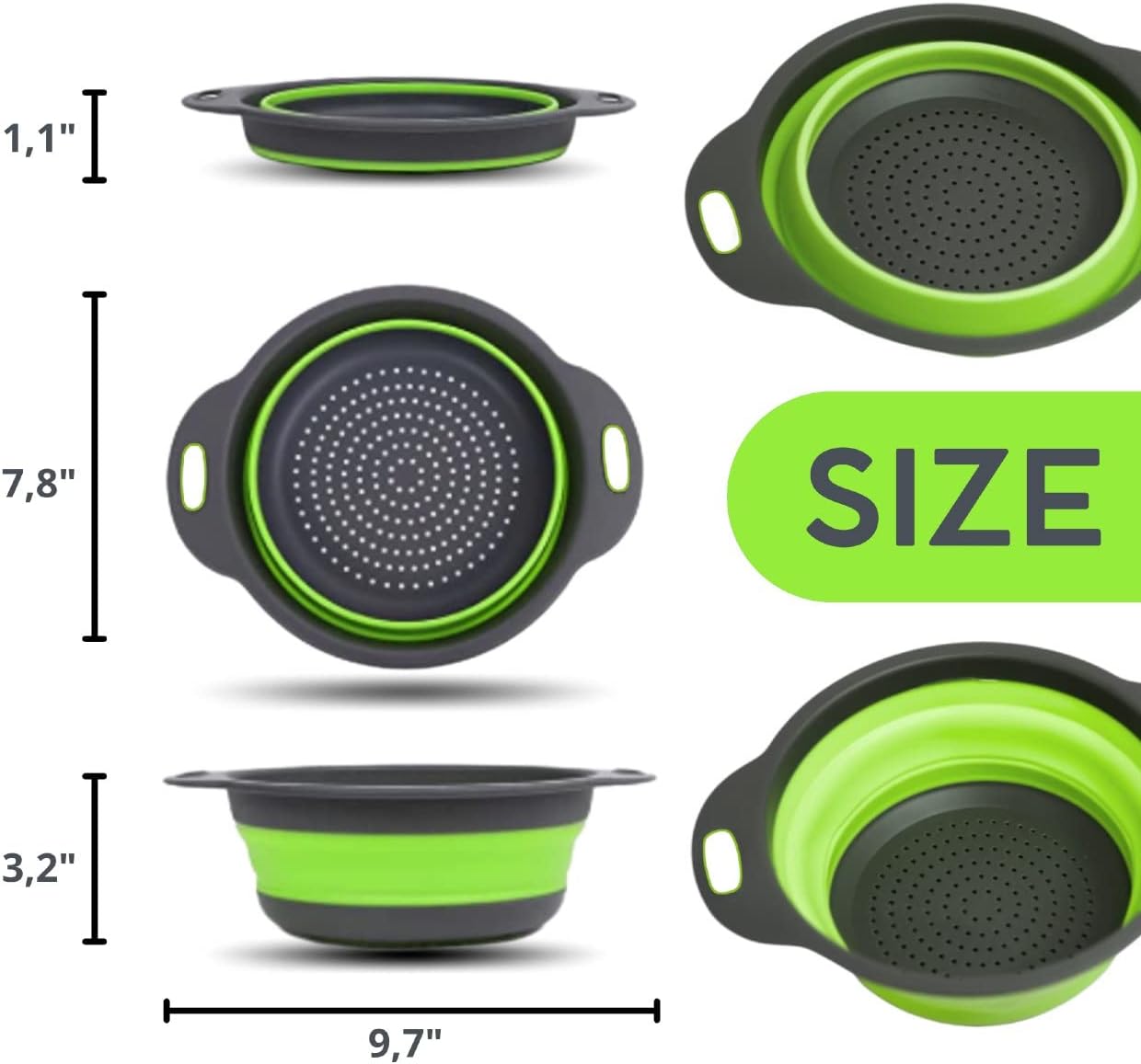 Collapsible Silicone Colander – 9.7 Inch Foldable Kitchen Strainer Basket for Fruits, Vegetables, Pasta & More