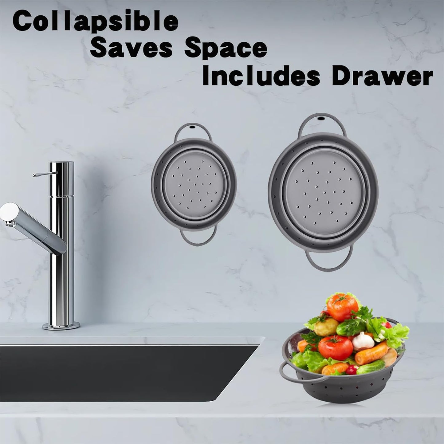 Medium Collapsible Silicone Colander with Dual Handles – 11 Inch Foldable Kitchen Strainer Basket, 1.9 Quart Capacity