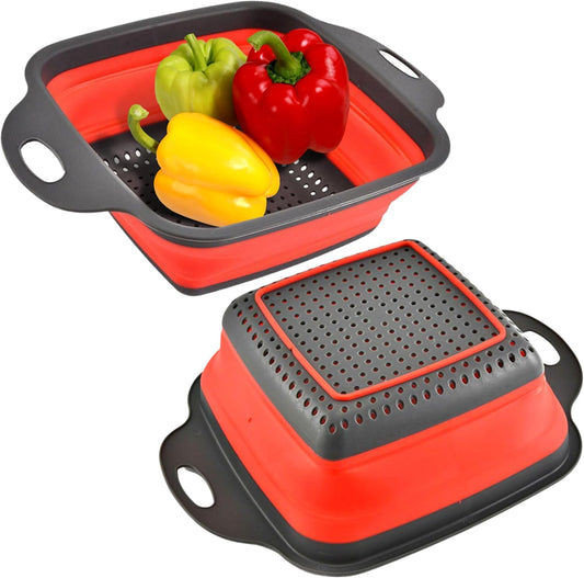 Collapsible Square Silicone Colander – 9.6 Inch Foldable Kitchen Strainer Basket for Fruits, Vegetables, Pasta & More