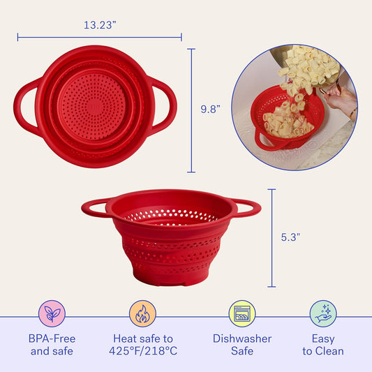 Collapsible Silicone Colander with Dual Handles – 13.2 Inch Foldable Kitchen Strainer for Fruits, Vegetables, Pasta & More, Heat-Resistant