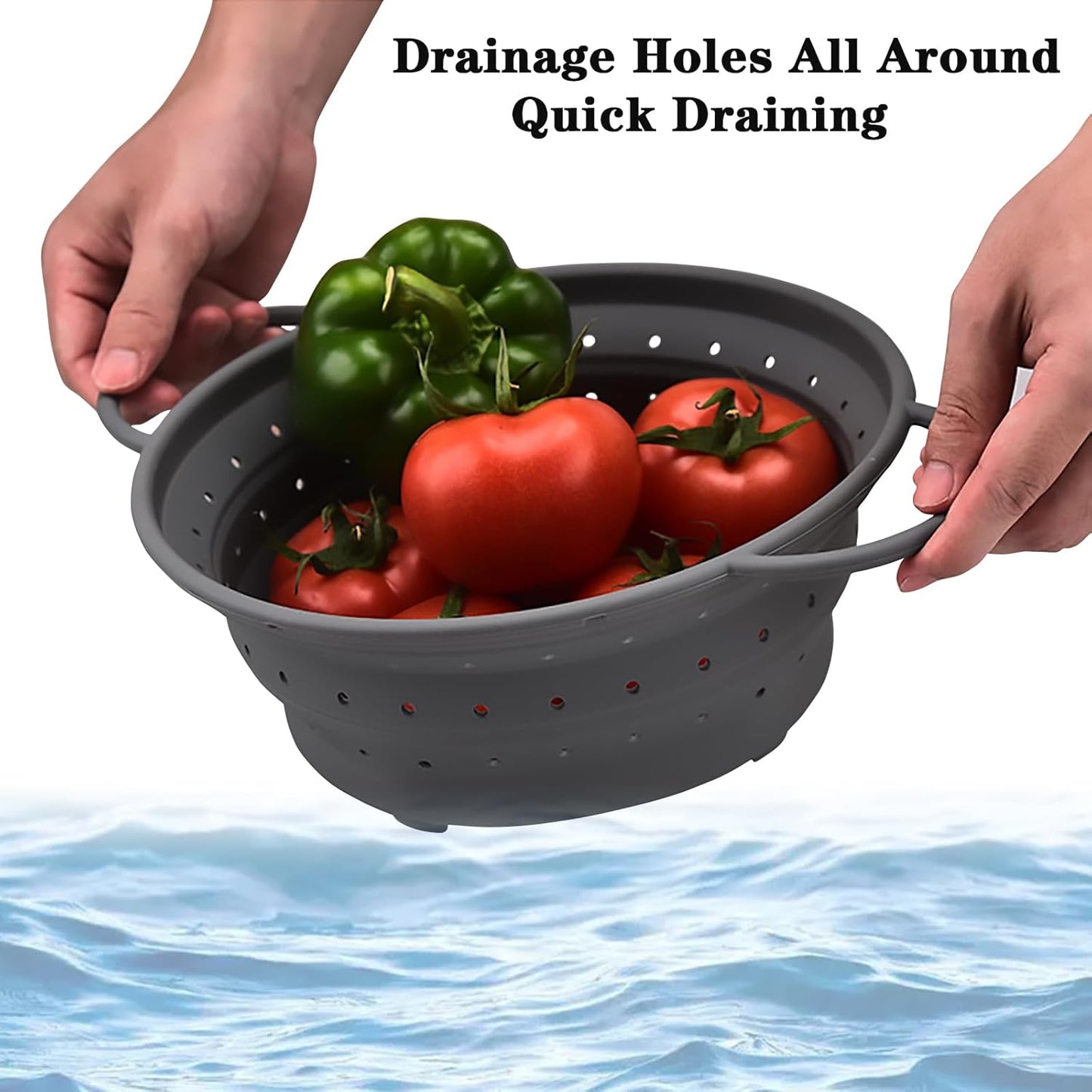 Medium Collapsible Silicone Colander with Dual Handles – 11 Inch Foldable Kitchen Strainer Basket, 1.9 Quart Capacity