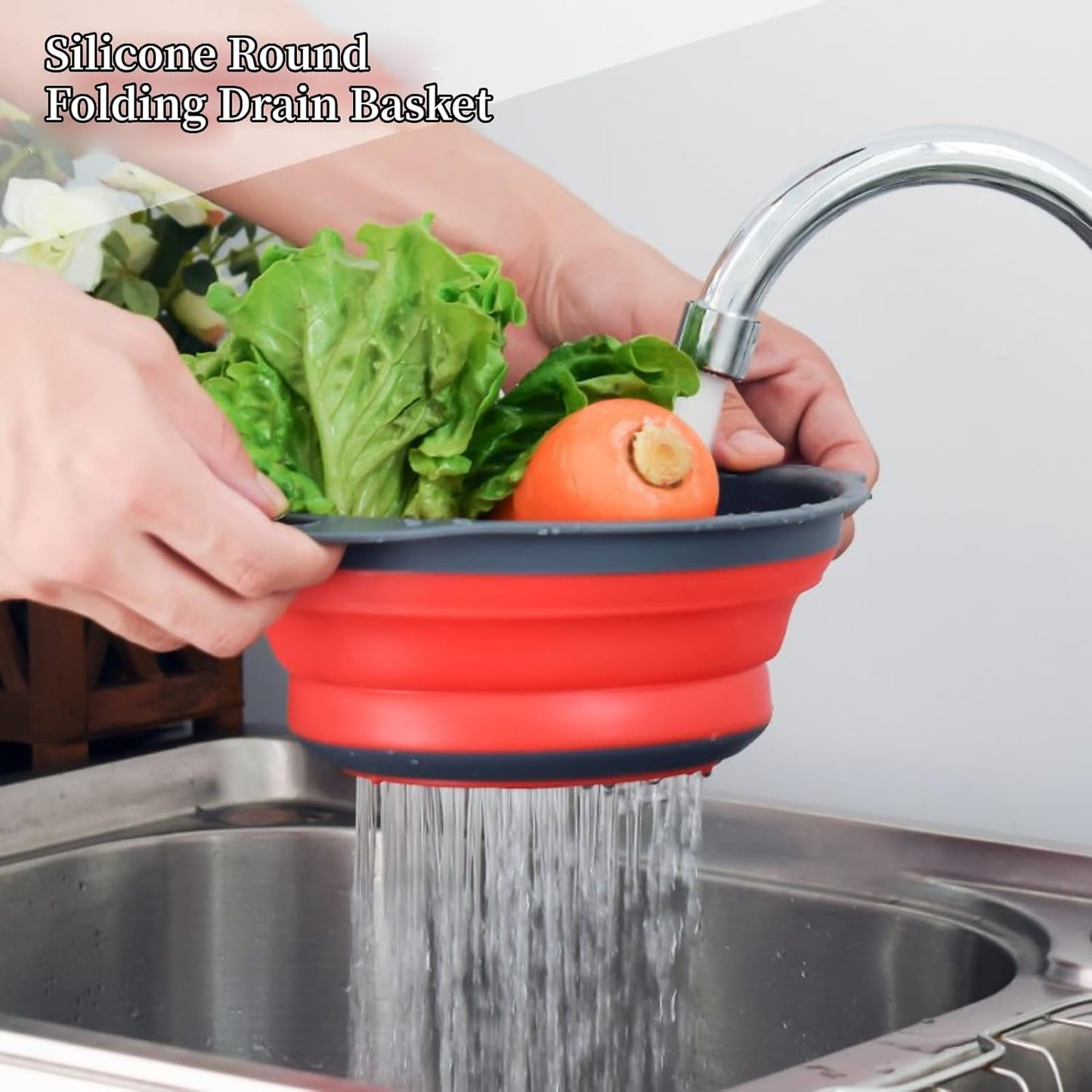 Collapsible Silicone Colander – Foldable Strainer Basket for Kitchen, Fruits, Vegetables & Pasta, Round 9.7 Inch