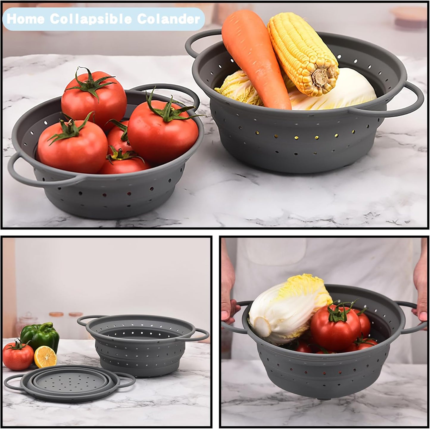 Medium Collapsible Silicone Colander with Dual Handles – 11 Inch Foldable Kitchen Strainer Basket, 1.9 Quart Capacity