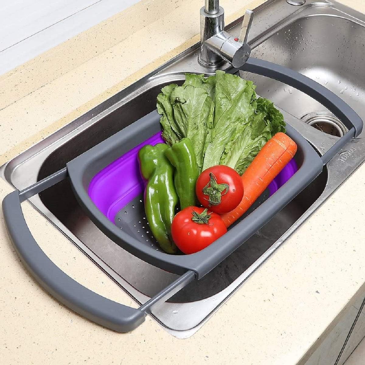 Expandable Collapsible Colander with Handles – Over Sink Strainer Basket for Vegetables, Fruits, Pasta, Rice, Space-Saving Kitchen Tool