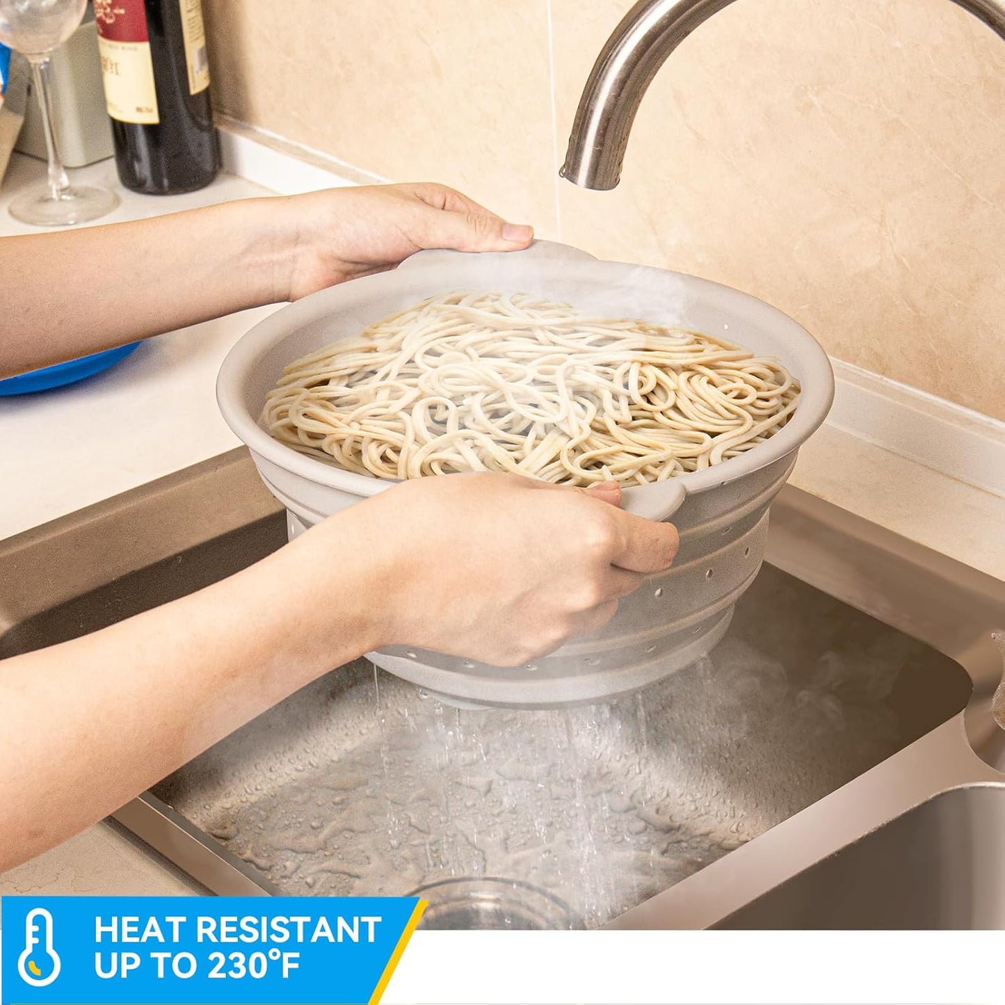 Large Collapsible Silicone Colander – 12.6 Inch Foldable Kitchen Strainer Basket for Fruits, Vegetables, Pasta & More