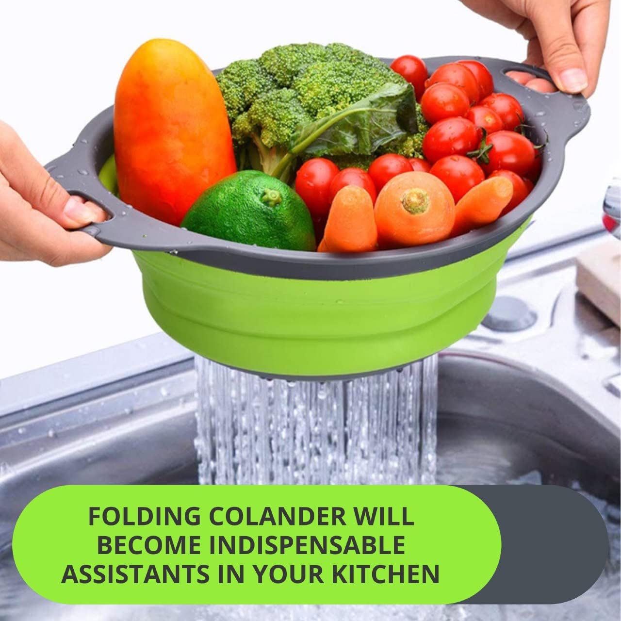 Collapsible Silicone Colander – 9.7 Inch Foldable Kitchen Strainer Basket for Fruits, Vegetables, Pasta & More